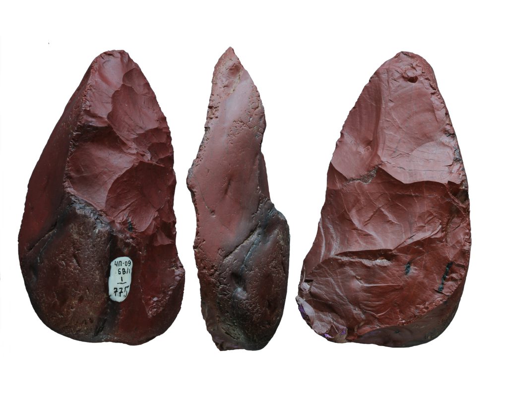 neanderthal tools - This photo displays a Micoquian biface, a stone knife for cutting meat used by Neanderthals at Chagyrskaya Cave.