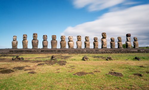 A row of massive anthropomorphic statues on Easter Island.