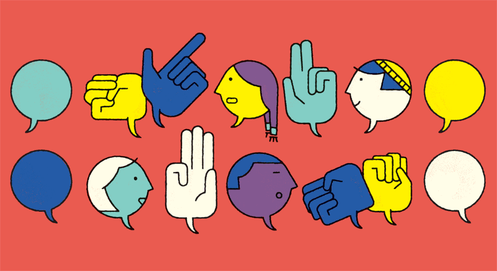 An animated graphic shows two lines of alternating heads with mouths moving, speech bubbles, and hands signing.