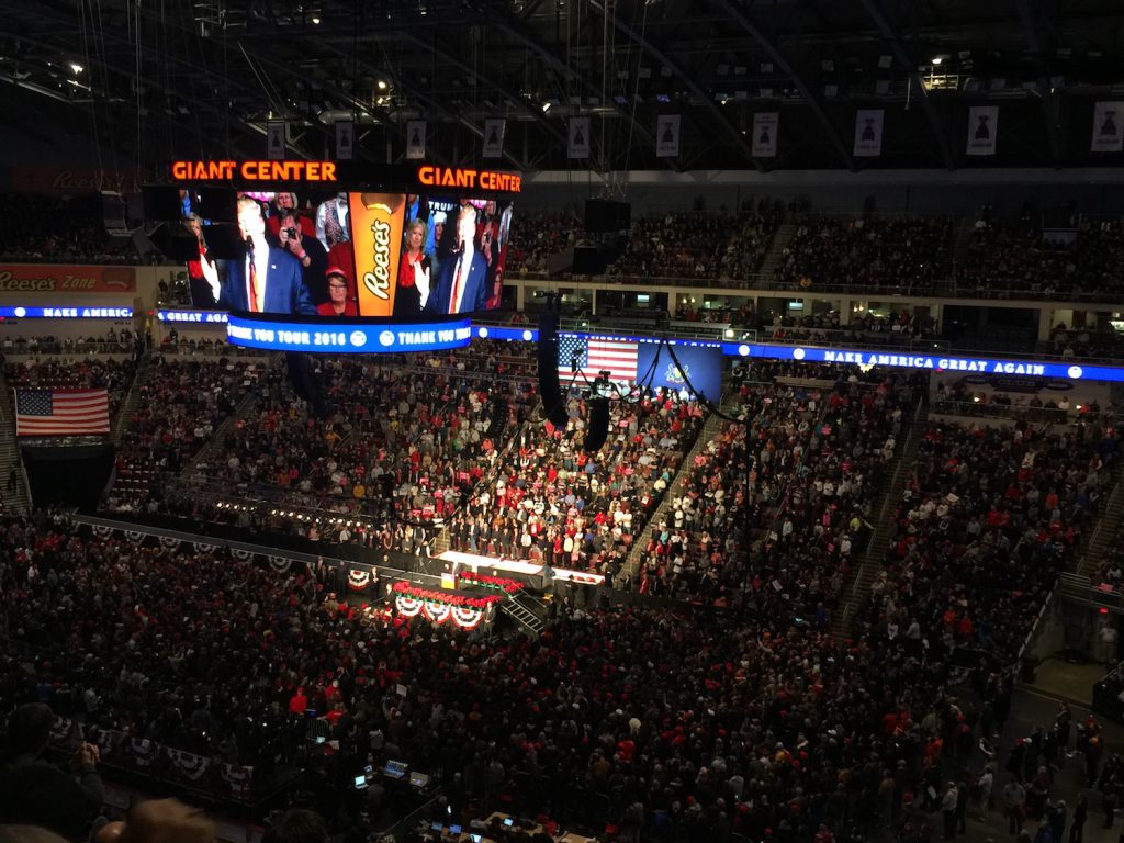 trump rally hostility - After the 2016 presidential election, supporters of president-elect Donald Trump packed the stadium shown here for a victory rally in Hershey, Pennsylvania.