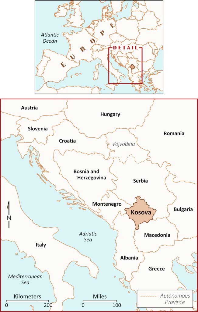 Kosova or Kosovo - This rendering of the Balkans displays the disputed region of Kosova as an independent nation (bolded text and solid borders). By contrast, the map shows Vojvodina as an undisputed autonomous province of Serbia (unbolded text and a dotted border).
