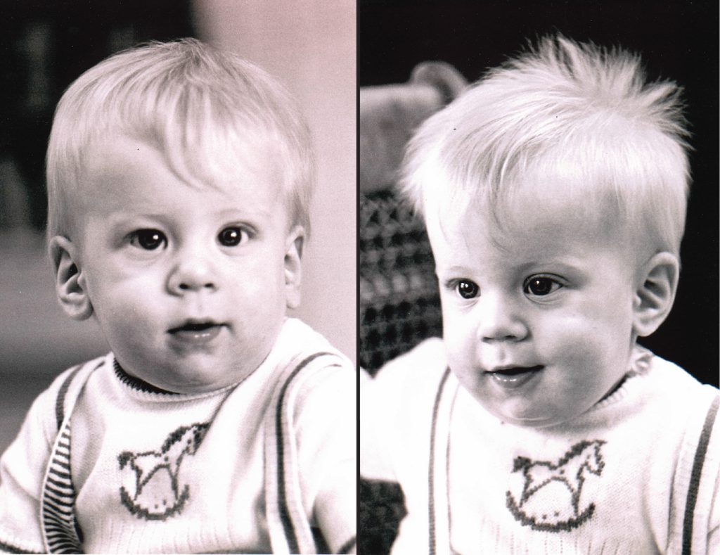 Identical twins Stephen and Peter Nash, pictured here as babies.