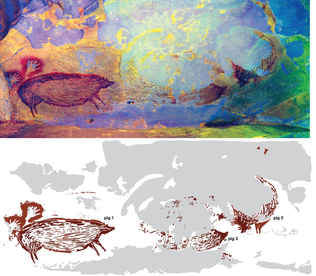 cave paintings - The top image has been enhanced to sharpen the artwork while the bottom image is a tracing of the figures.