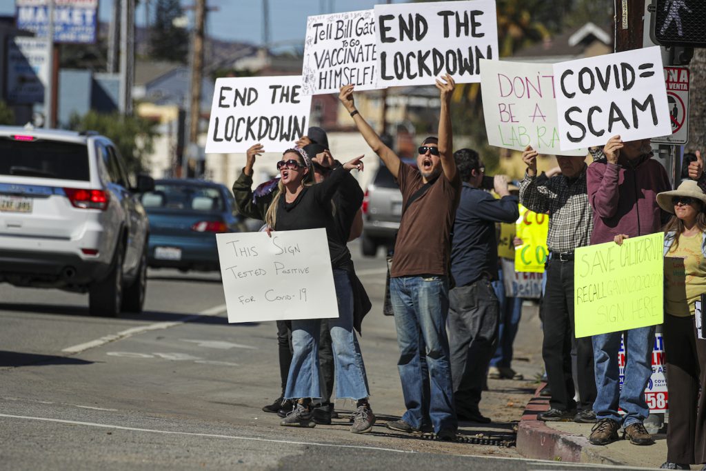 COVID-19 vaccine protestors - Protestors gather outside Dodger Stadium, a mass vaccination site in Los Angeles, in January.