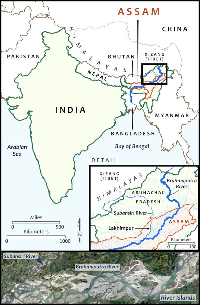Mising river people Assam India - Over the centuries, Mising communities migrated by following the path of the Brahmaputra River from the Himalayas in Tibet to Arunachal Pradesh and, finally, to Assam in India. The author stayed with a family near the confluence of the Subansiri and Brahmaputra rivers (shown in the Google Earth image).