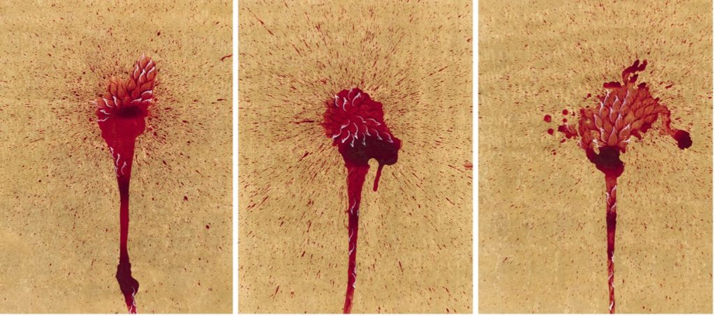 A series of three paintings with gold backgrounds. Each painting shows a bullet wound surrounded by red blood splatter that turns into flower petals.