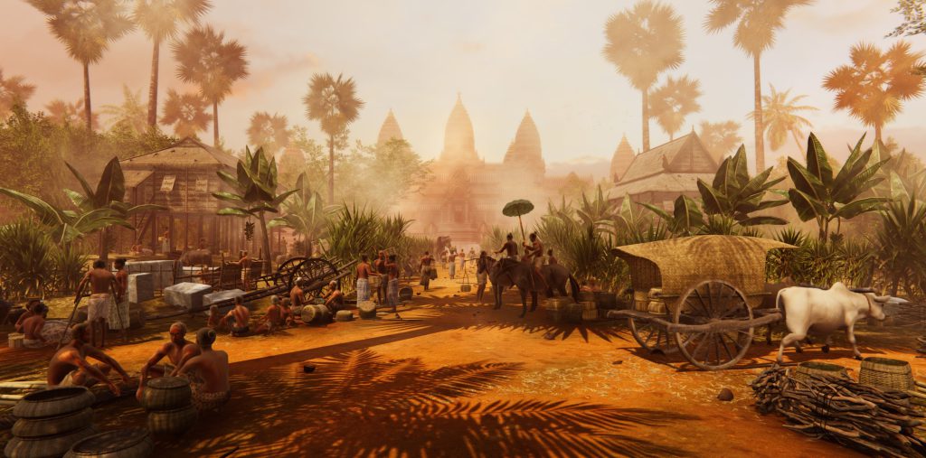 People carrying out daily tasks in medieval Angkor Wat. Tall palm trees and temples in the distance.