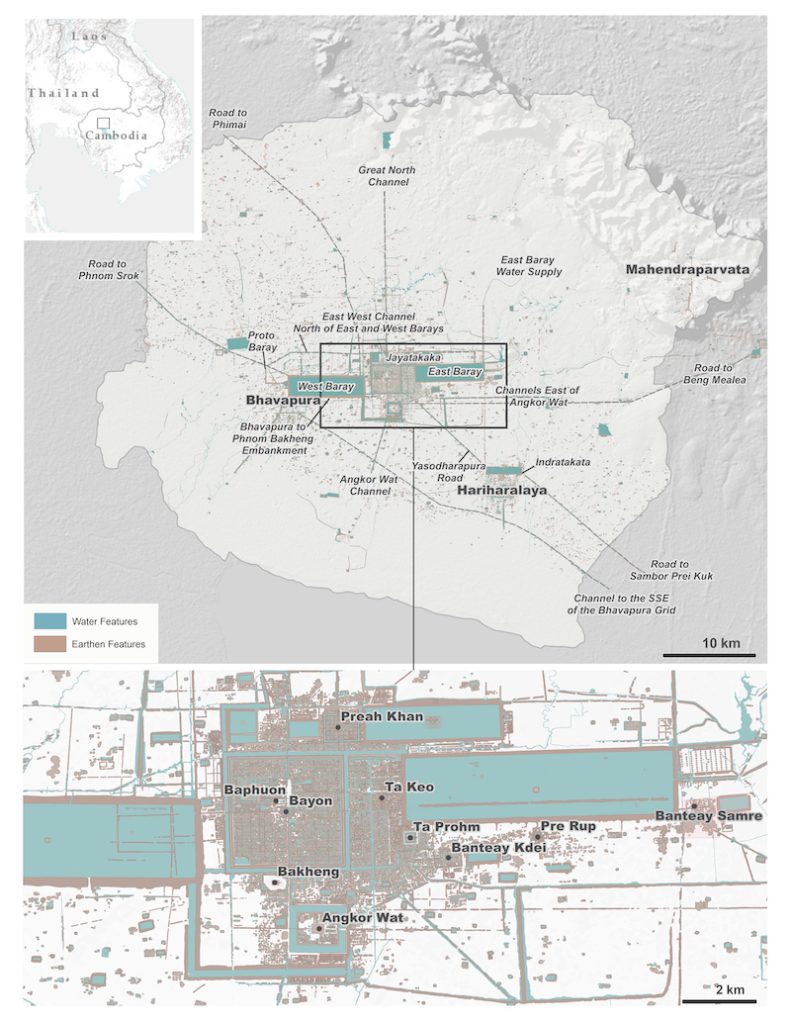 Three maps of the Angkor Wat. One showing its location in Cambodia and two larger, more detailed maps of the area and temples.