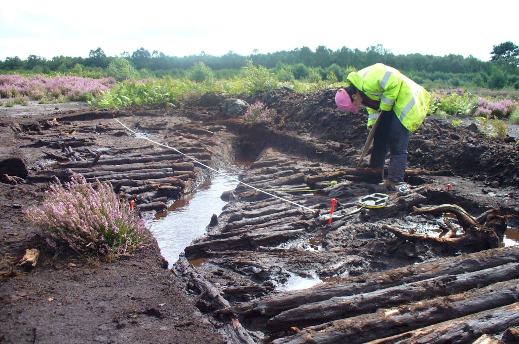 A person in a bright green jacket stands on logs and writes on a clipboard in a muddy field.