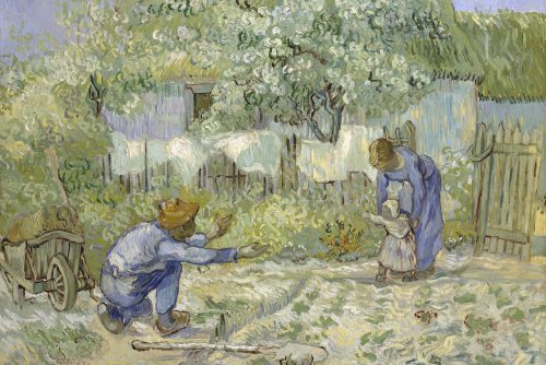 An oil painting shows a man kneeling in a garden with his arms open and a woman supporting a small child who is standing and reaching out to him.
