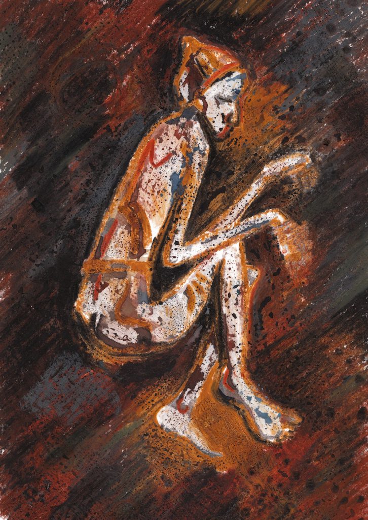 A colorful painting shows a person wearing a red-brown hat curled up on the ground.