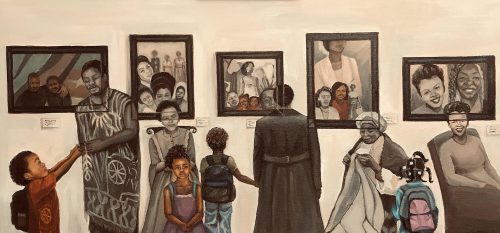 A painting of five framed portraits on a wall and young children in color interacting with older people who are black and white.