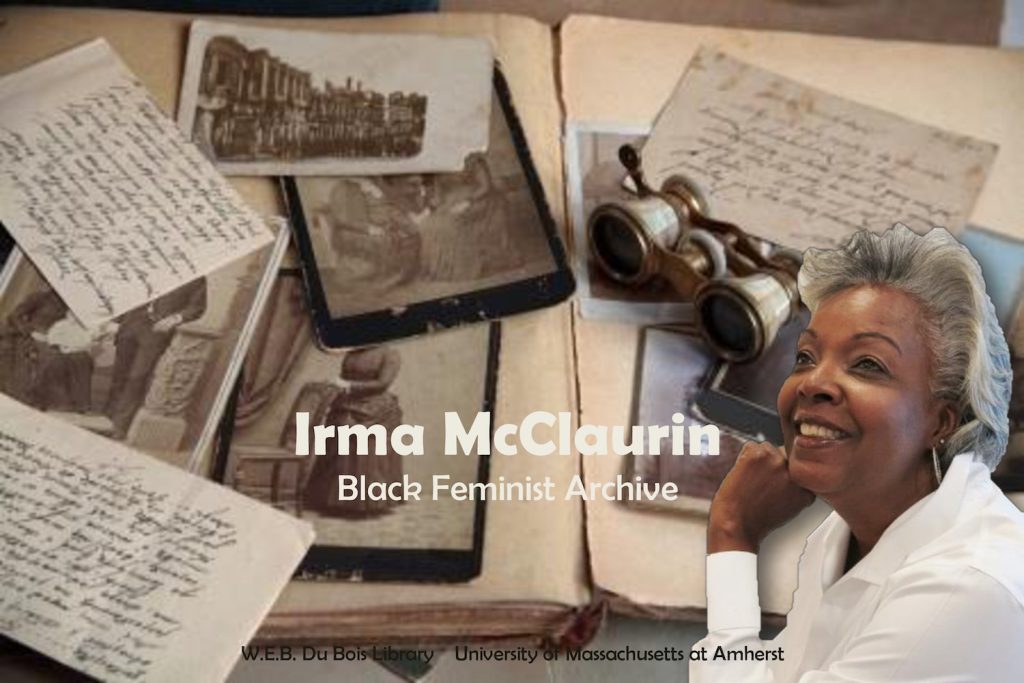 A woman with gray hair and a white shirt looks up from the right corner. Behind her are sepia-toned papers, books, and handwritten documents.
