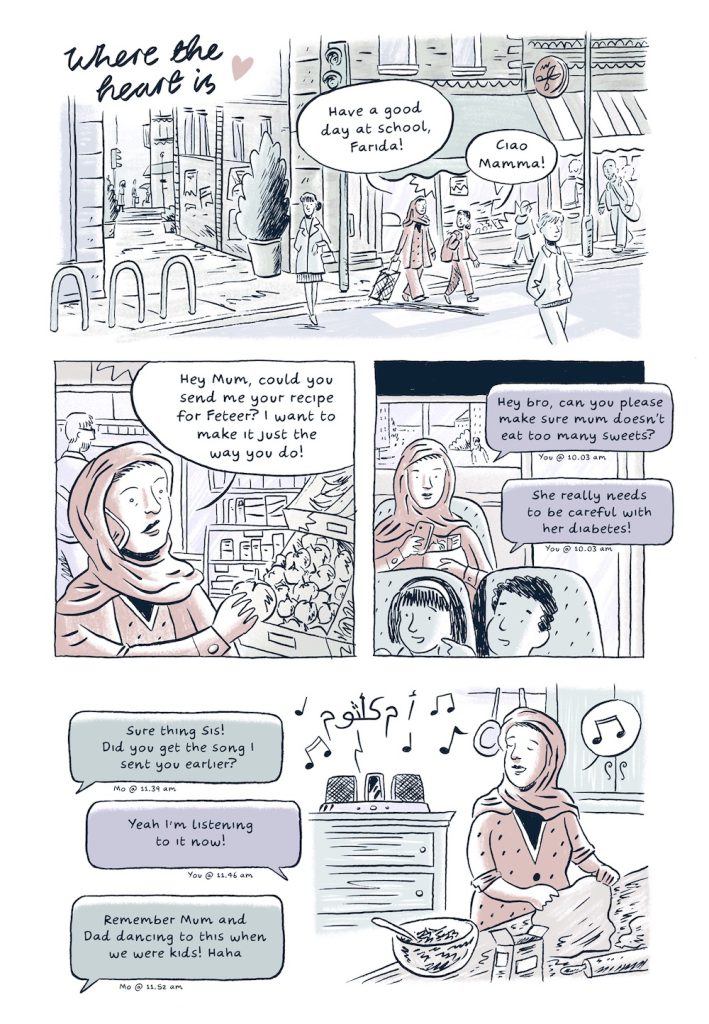 A comic strip colored in blue, green, and red tones.