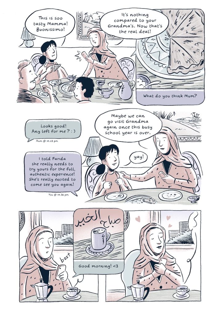 A comic strip colored in blue, green, and red tones.