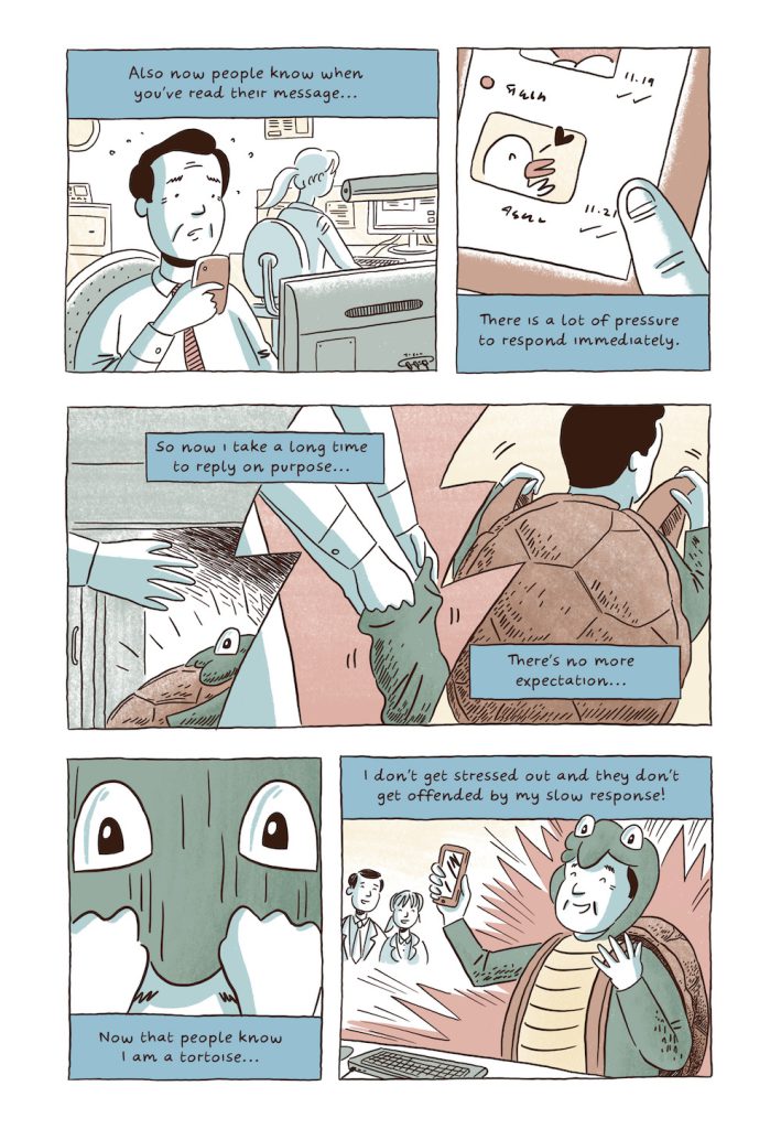 A comic strip colored in blue, green, and red tones.