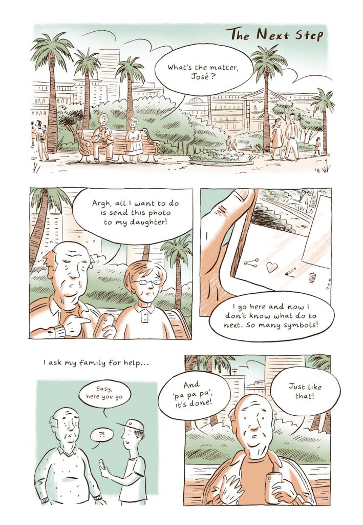 A comic strip colored in blue, green, and red tones.