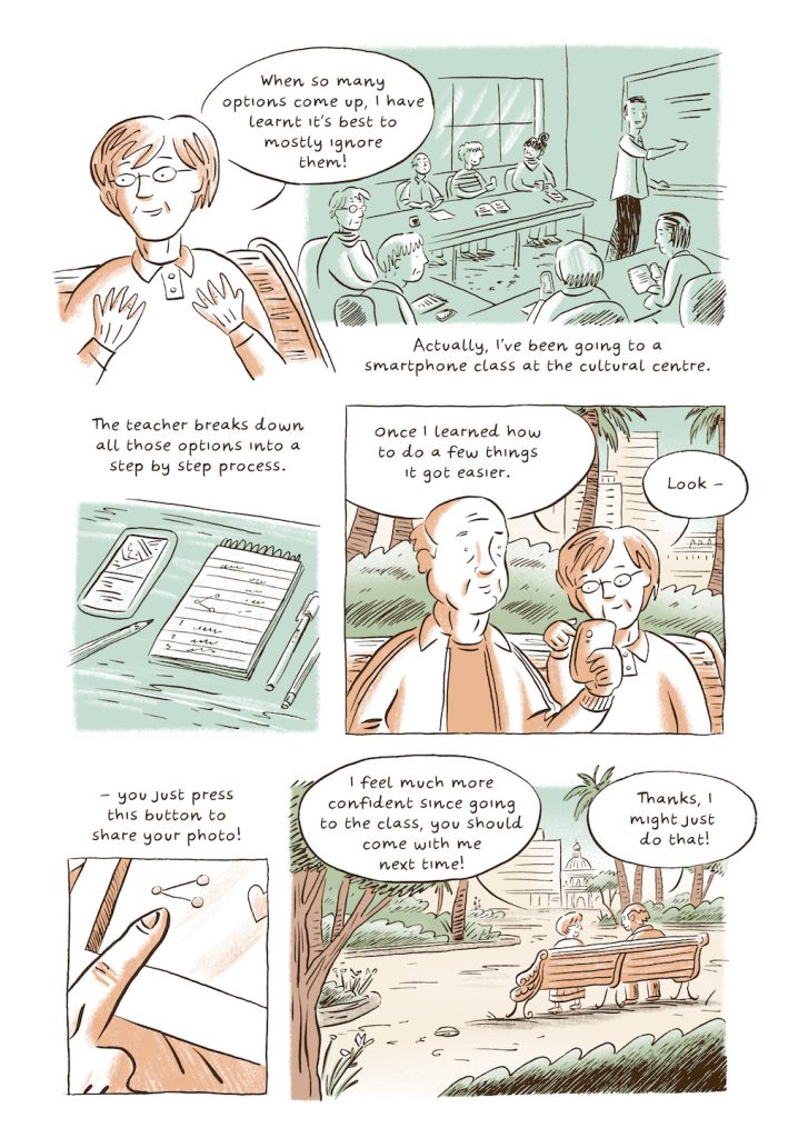 A comic strip colored in blue, green, and red tones.