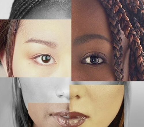 A mosaic of human faces represent different human races.