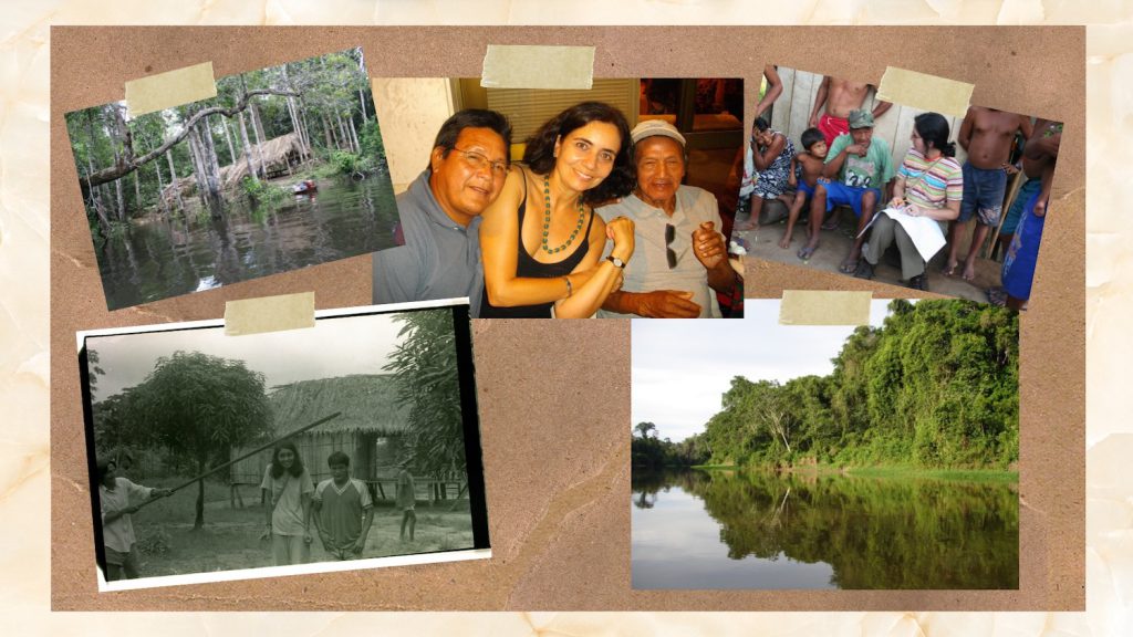 Five photographs featuring people and rainforest landscapes have been taped to brown paper sitting against a beige background.