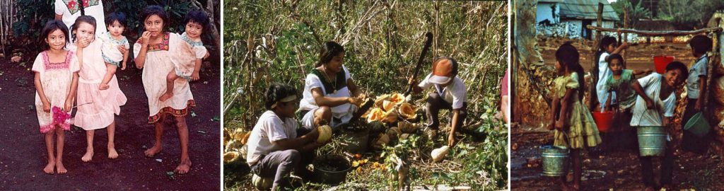 In a series of three photos, children in embroidered clothing engage in carrying children, cooking squash, and carrying buckets of water.