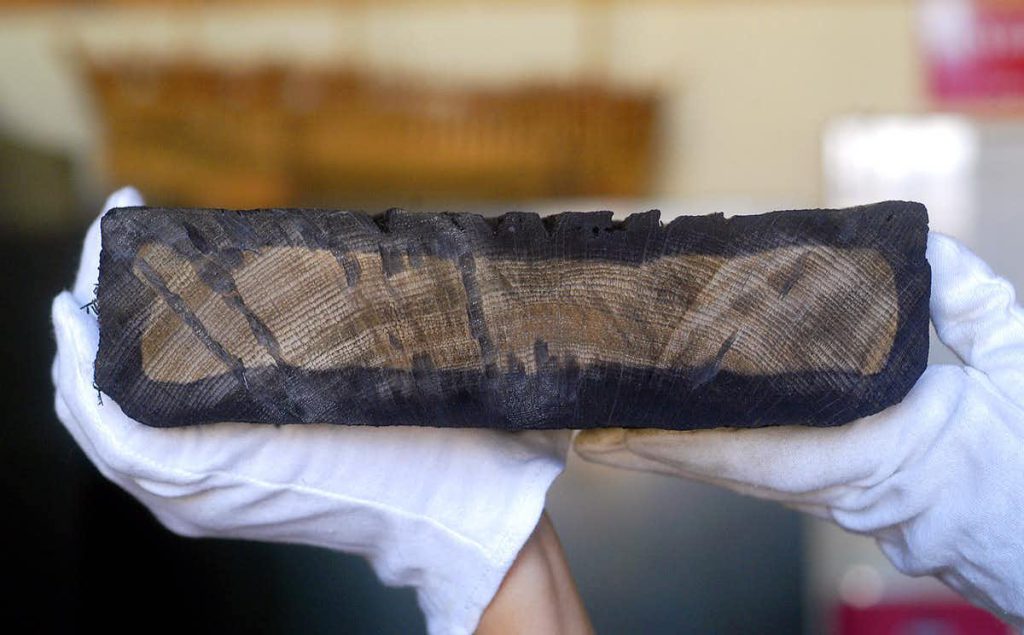 A close-up photo shows the cross section of a rectangular wooden plank that is light brown with swirls in the center and dark brown around the outside.