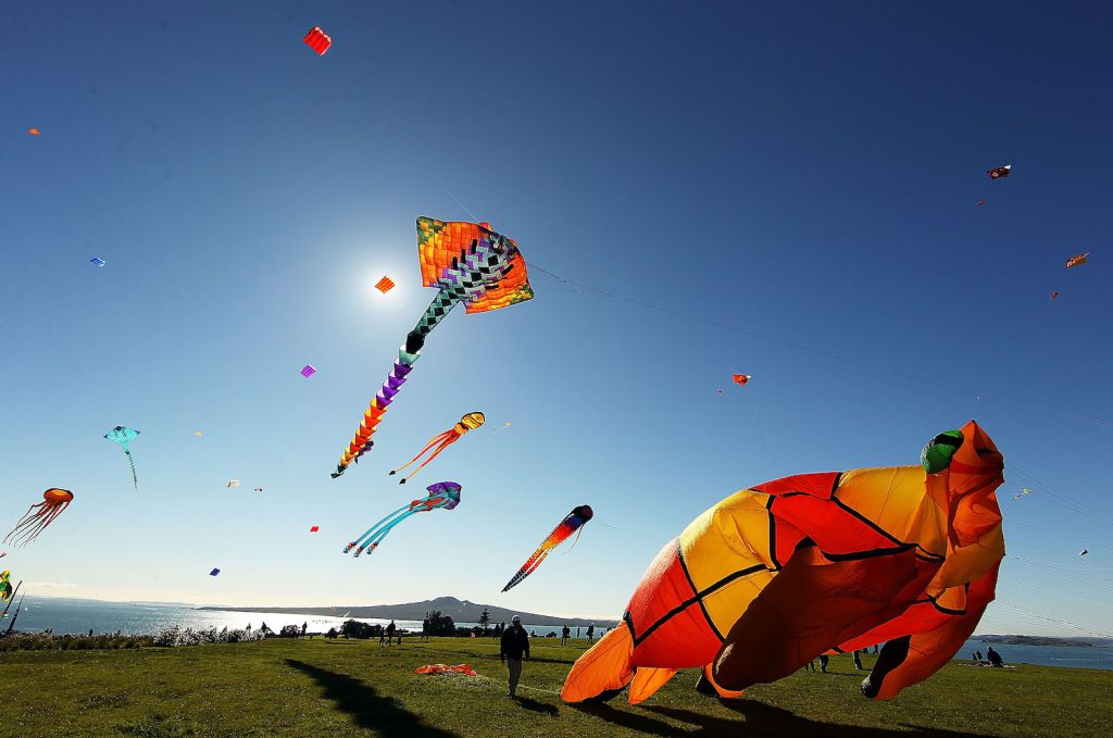 Multicolored kites fly in a blue sky above a green field near a body of water.