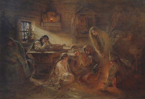 An oil painting shows a group of people sitting near a fire looking at a rooster on the floor of a cabin.