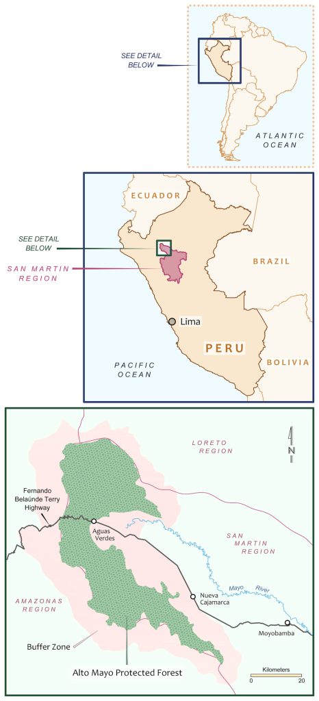 A horizontal map showing three views of region with beige, red, and green markers.