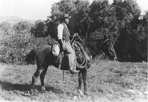 A black-and-white photograph shows the profile of a Black person on a horse in an open space.