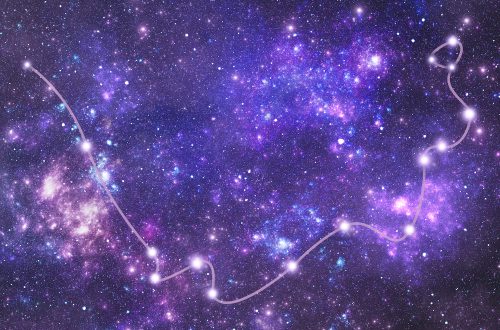 A long, snaking line ending in a loop connects numerous large, bright white stars from one corner of the sky to the other amid purple, white, and blue stars and clouds in the sky.