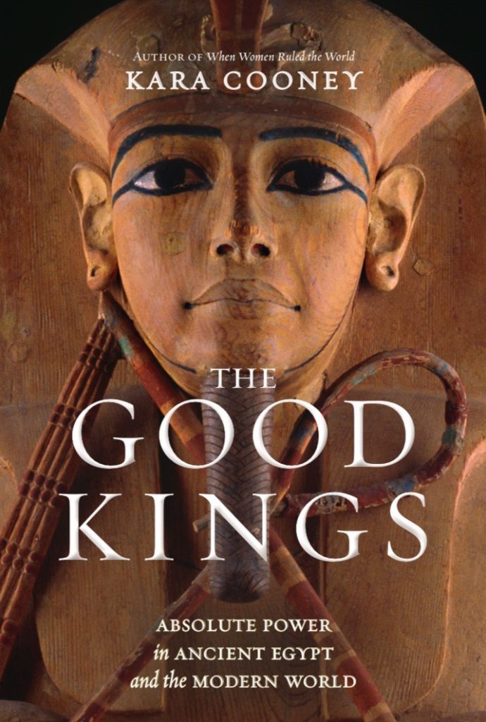The cover of a book shows a brown carving of the upper body of a pharaoh with a crook and flail crossed under their chin with white writing above and below the face.
