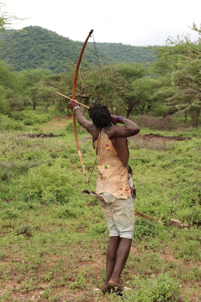 A person with their back to the camera wearing a light-brown, sleeveless top and khaki shorts aims a bow and arrow upward. They are standing in an open grassy space with trees and a large hill in the distance.