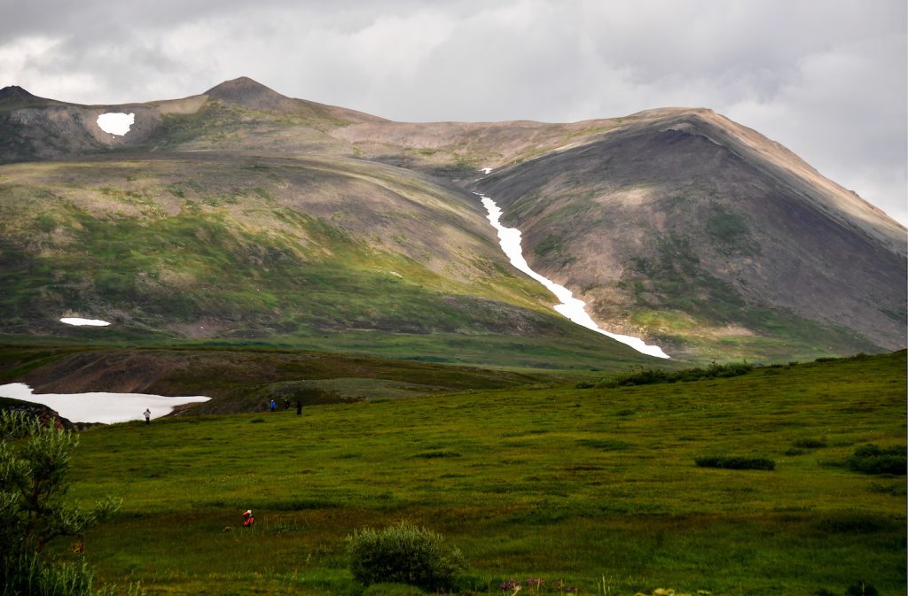 Four people in the distance walk across a lush, green expanse below a rolling mountainside under a gray sky.