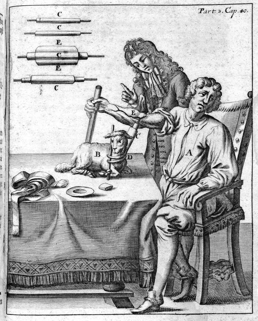 A black-and-white illustration shows a patient in a chair with their arm extended, while a person stands next to them and connects tubes to a lamb laid on a table.