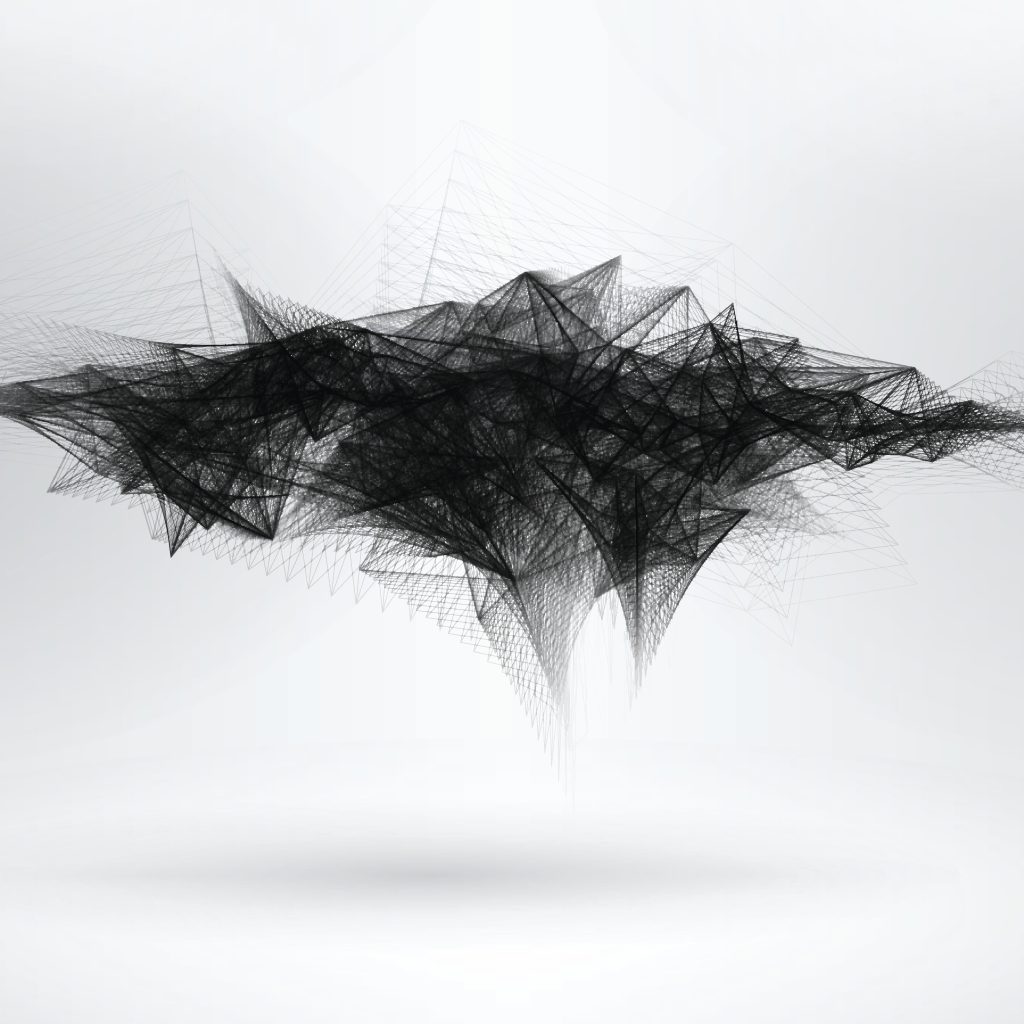 A dense black web of points and lines symbolizing social media networks hovers in a stark white space.