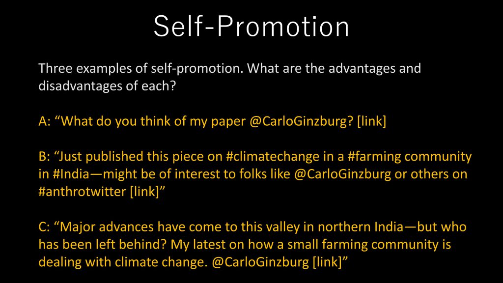 A black slide shows sample tweets about self-promotion on social media.