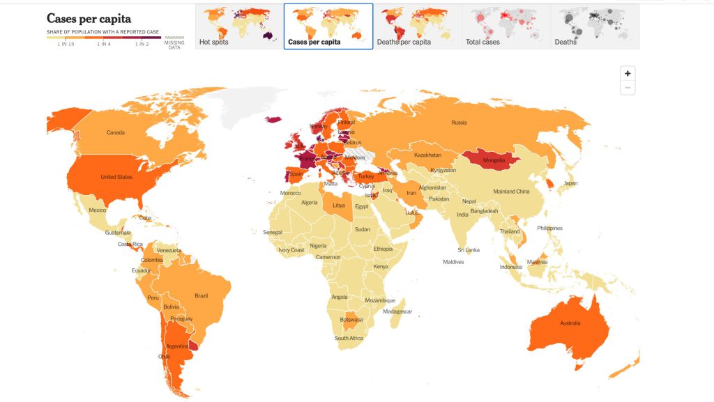 A global map shows countries in different colors that correspond to a scale at the top left corner labeled "Cases per capita."