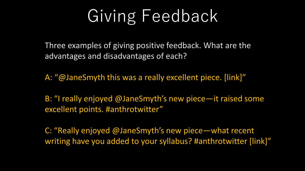 A black slide displays sample tweets giving feedback on social media.