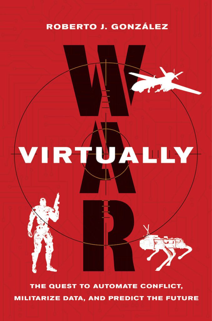 A red book cover reads “War Virtually” in large black-and-white lettering. In the background are white illustrated outlines of robots and a soldier holding a weapon.