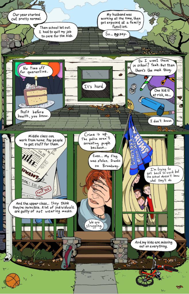 A cartoon drawing shows a white house with green trim and a blue flag that says “Trump.” The windows, overlaid with multiple white speaking bubbles, show a birthday cake slice, an asthma inhaler, children peeking through a curtain, a stack of bills marked “past due.” In the middle doorway a person with red hair covers their eyes with their hand.