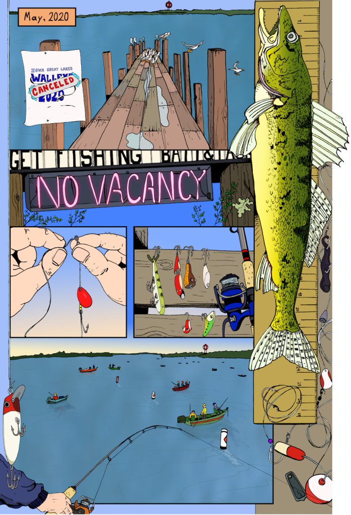 A cartoon drawing shows a wooden lake dock with a sign that says “cancelled,” someone preparing a fishing line and fishing, a “no vacancy” sign, and a large green fish.