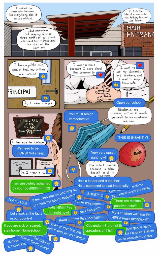 A cartoon drawing shows white speech bubbles with black text and blue and green text bubbles with white text over images of a school, a person in a white shirt and tie with their hands folded in front of them, a mask next to a pencil and apple, and the side of a face next to a sign reading “Principal of the Year Iowa Public Schools 2021.”