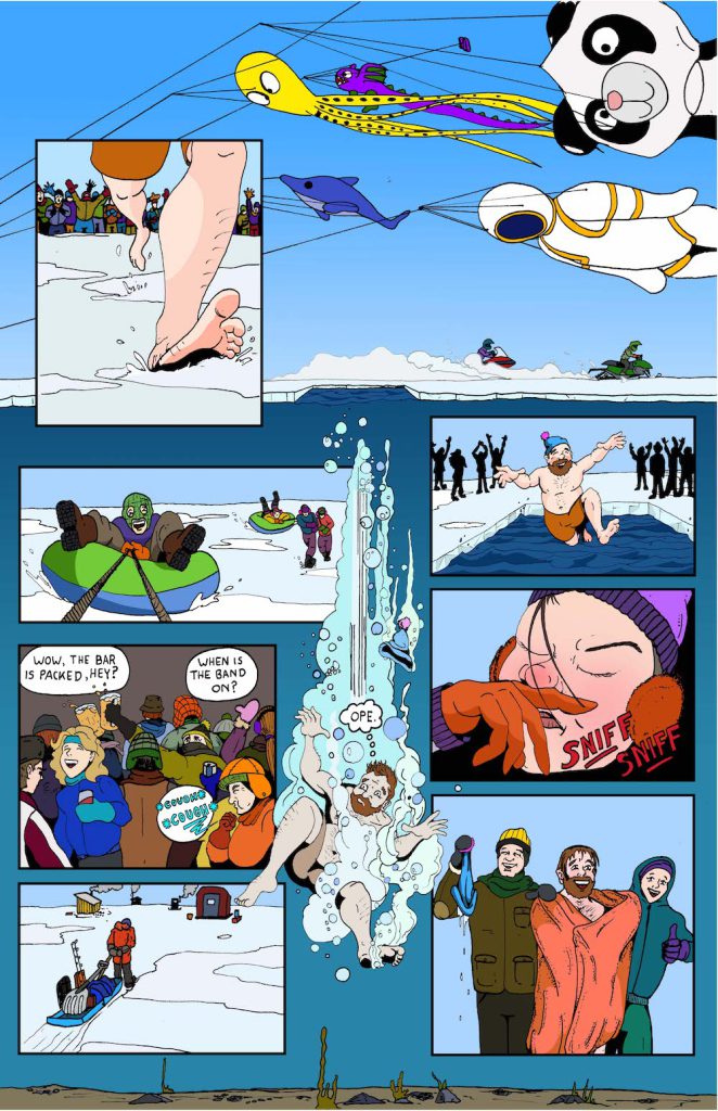 A cartoon drawing shows people enjoying a winter festival, including a person touching a red, runny nose with a gloved hand, large kites flying, people in winter clothes partying, a person on a green tube being pulled across snow, someone tobogganing, people jumping into cold water, and a person wrapped in an orange blanket dripping wet.