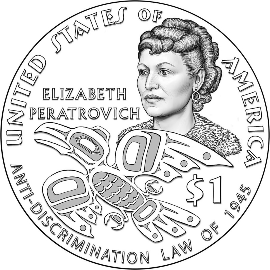 A black-and-white line drawing shows a commemorative coin of a woman with her name—Elizabeth Peratrovich—and an image of a bird flying below her. The coin reads “United States of America” at the top and “Anti-Discrimination Law of 1945” at the bottom.