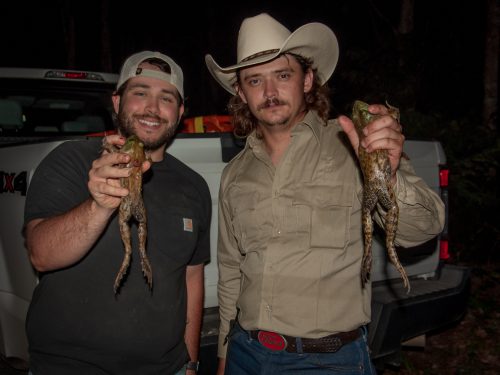Two men—one wearing a baseball cap and black T-shirt and the other wearing a cowboy hat and tan shirt—stand in front of a white truck holding up hunted frogs.