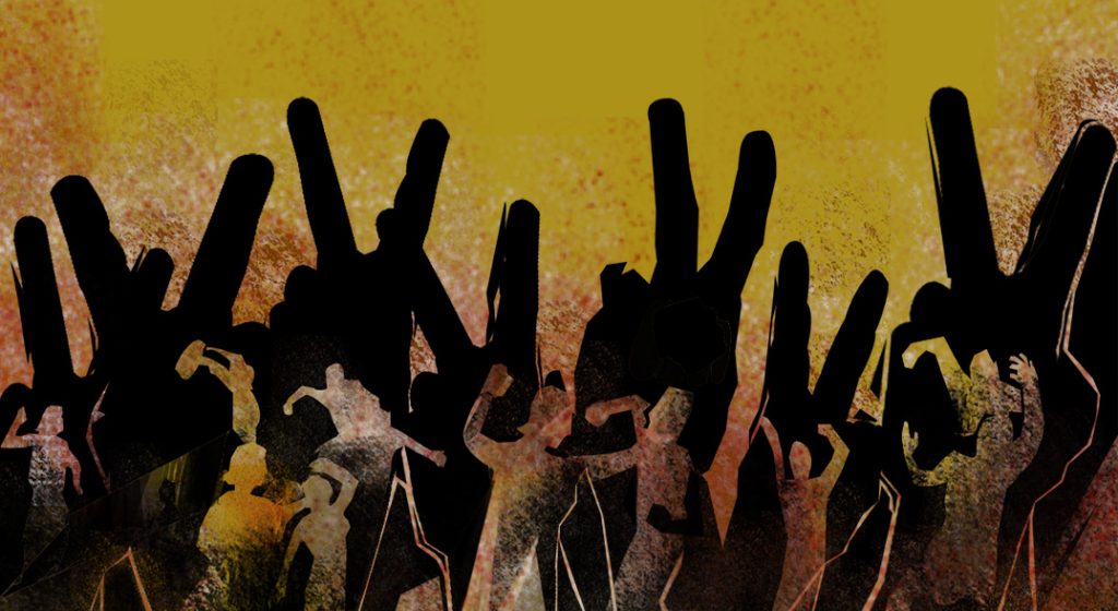 An illustration shows silhouettes of people fighting in front of a background of black silhouetted hands holding up their index and middle fingers.