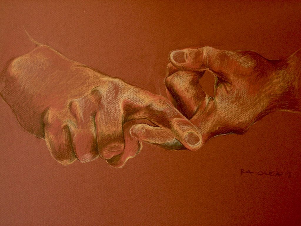 Against a brown background, a sketch in colored pencil features two hands with the right index finger crossed on top of the left.