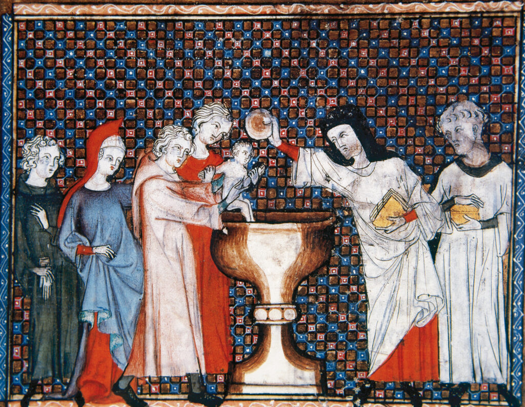 A painting shows a man in medieval religious clothing pouring water over a baby being held over a font by a family.