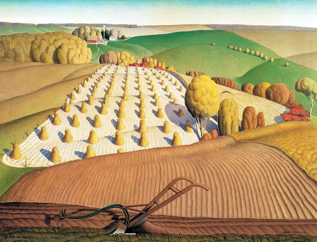 A painting shows a field of crops organized into rows with a cleared field in the foreground and green hills, trees, and a quaint village in the background.